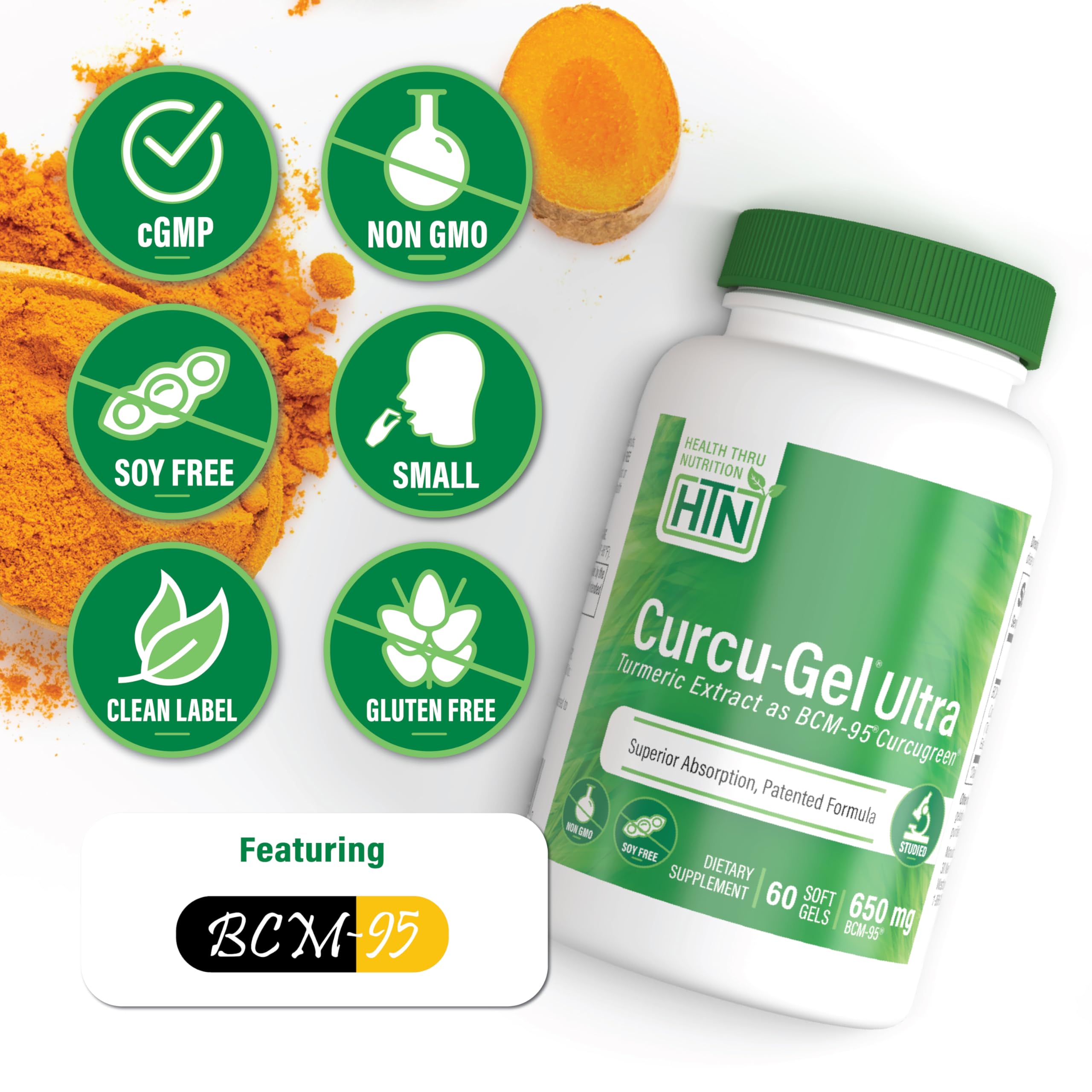 Health Thru Nutrition Curcu-Gel capsules close-up, smooth soft gels for easy swallowing.