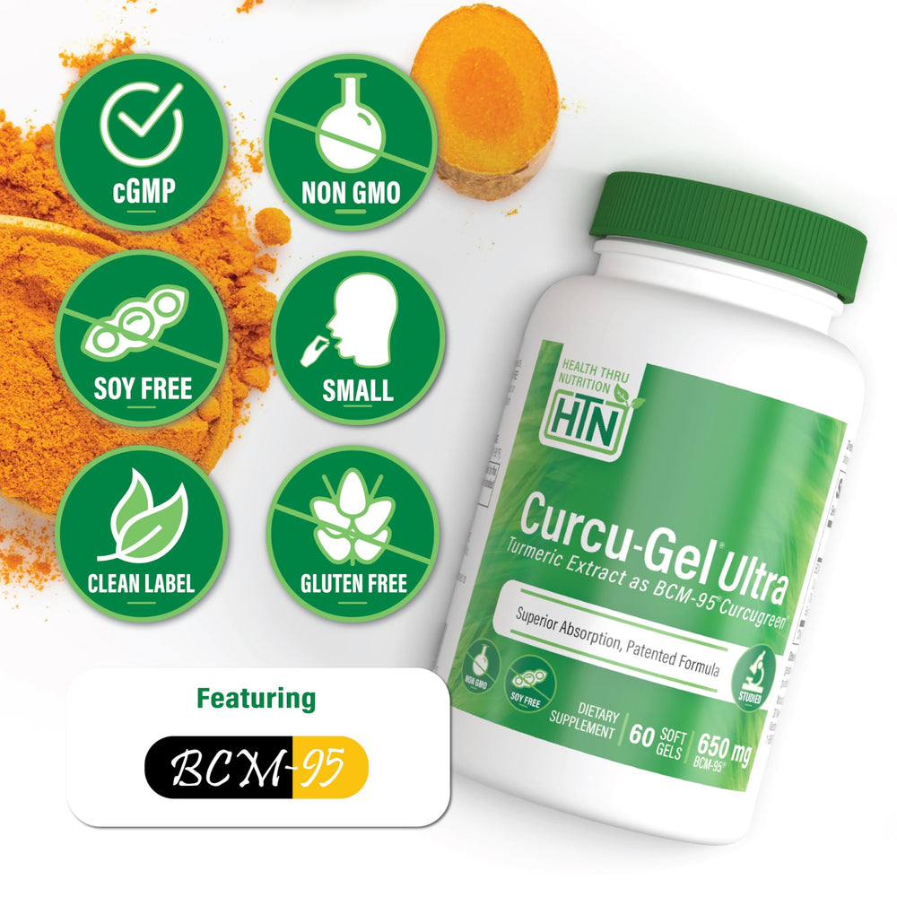 Health Thru Nutrition Curcu-Gel capsules close-up, smooth soft gels for easy swallowing.