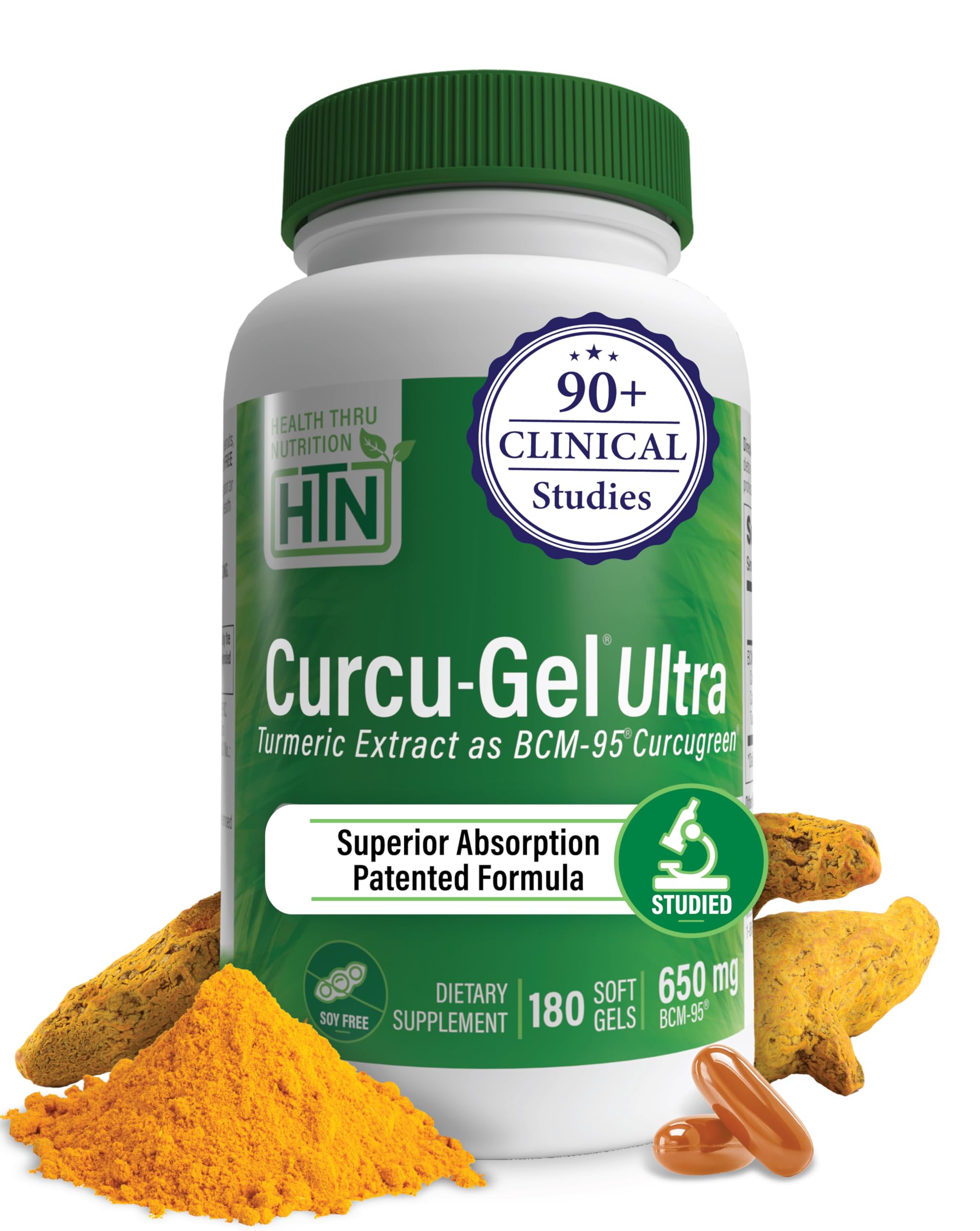 Health Thru Nutrition Curcu-Gel bottle front showing BCM-95 curcumin label for high absorption