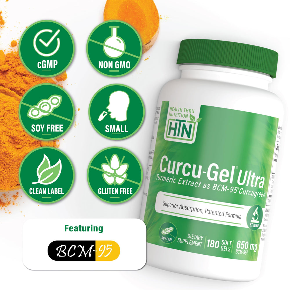 Health Thru Nutrition Curcu-Gel capsules closeup highlighting premium turmeric curcumin
