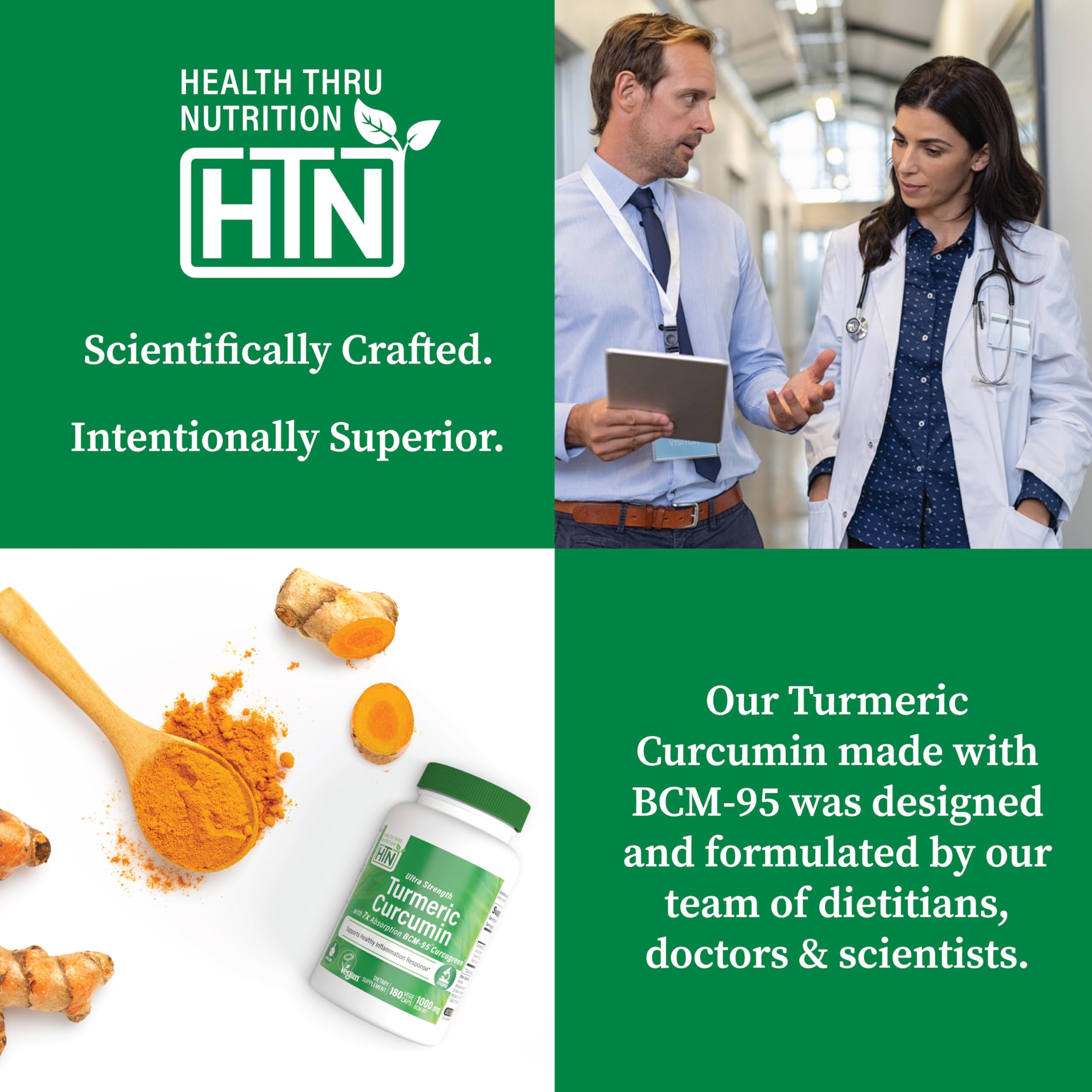 Health Thru Nutrition pour-and-bottle scene for easy daily dosage with meals.