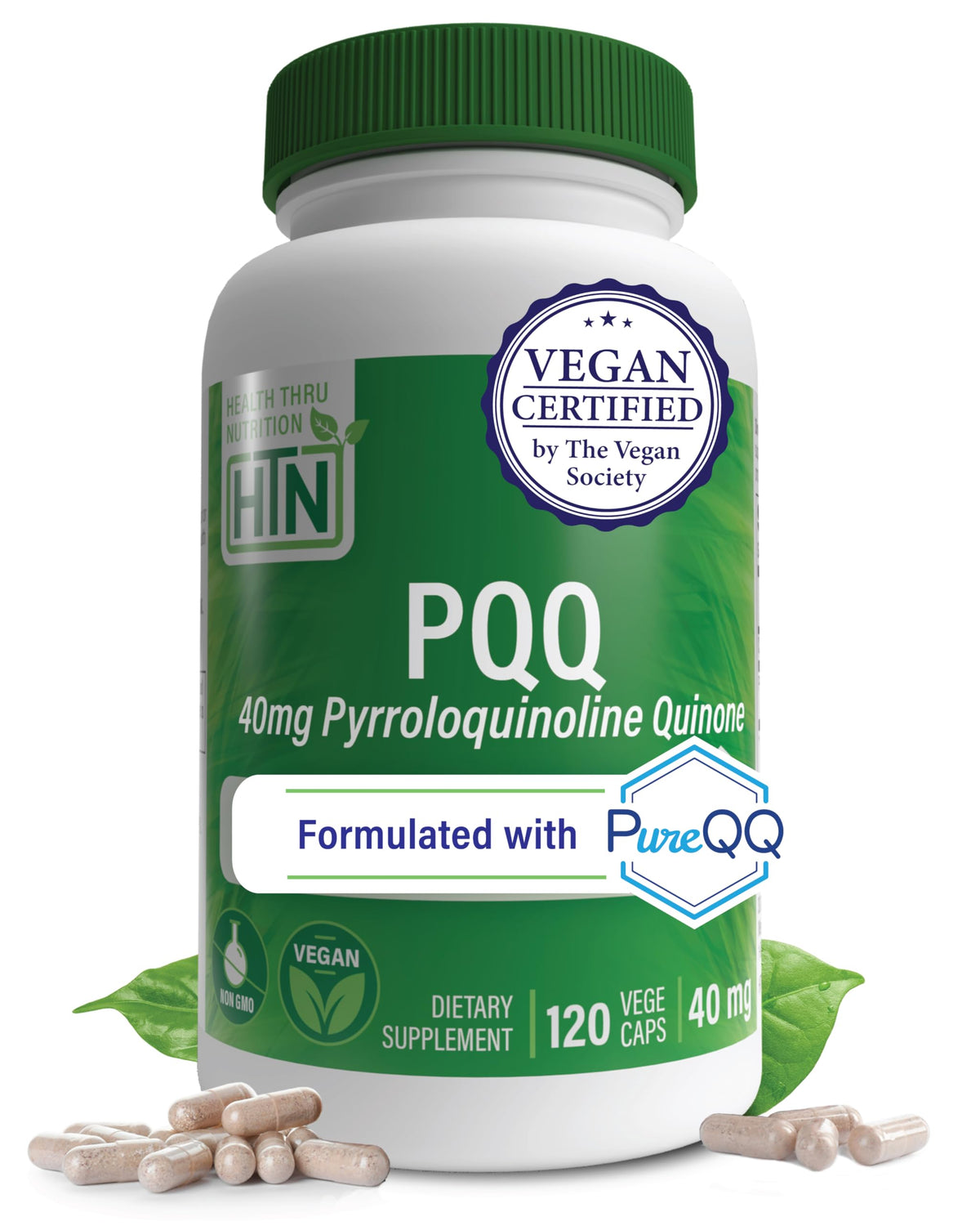 Health Thru Nutrition PureQQ bottle front view showing 40 mg PQQ for cellular energy