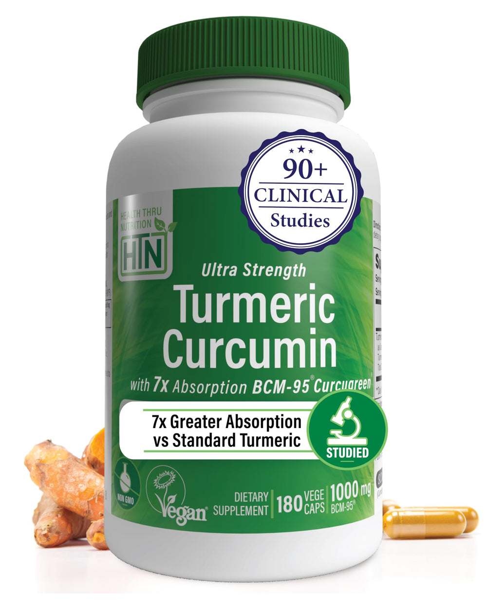 Health Thru Nutrition Turmeric Curcumin Complex 1000mg bottle highlighting enhanced absorption.