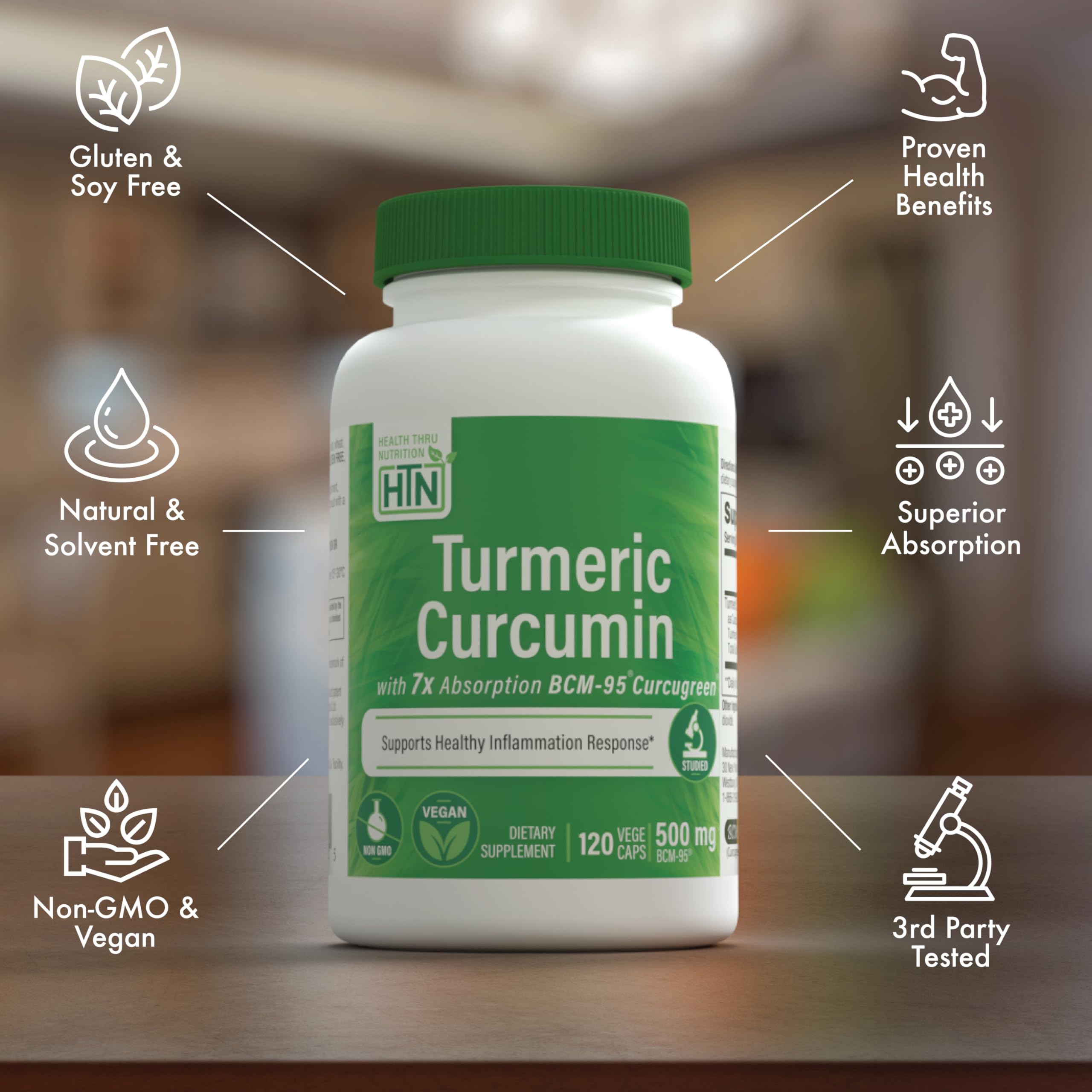 Health Thru Nutrition Turmeric Curcumin Complex bottle side view of packaging