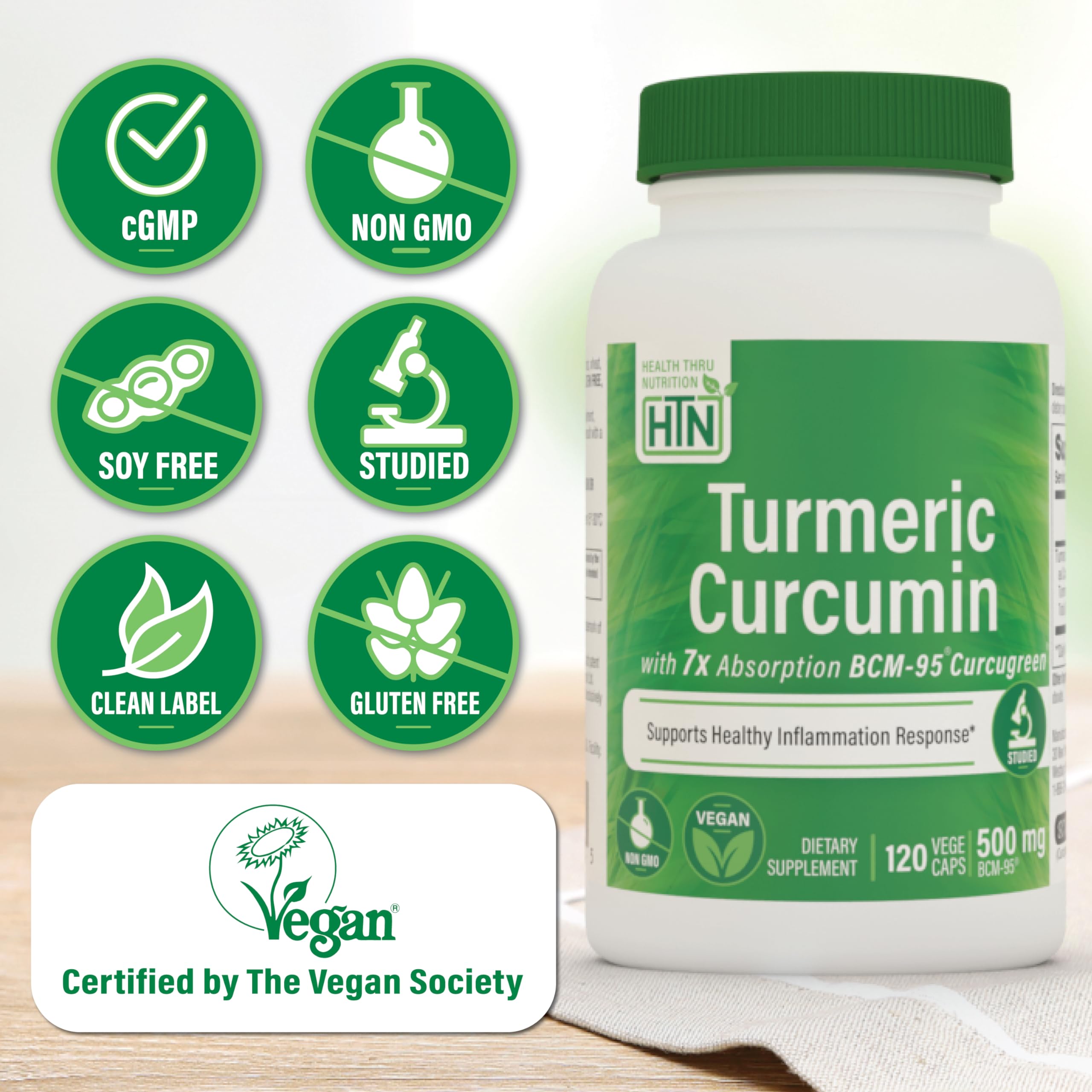 Health Thru Nutrition Turmeric Curcumin Complex ingredient label shows BCM-95 Curcugreen