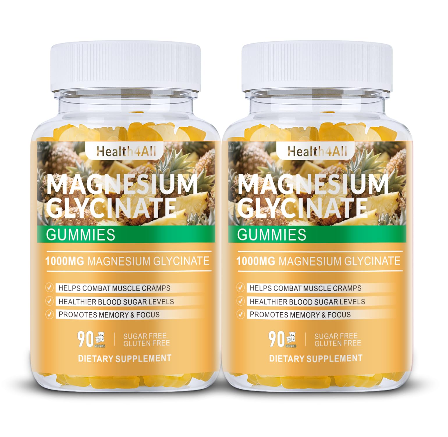 Health4All magnesium glycinate gummies bottle close-up highlighting pineapple flavor