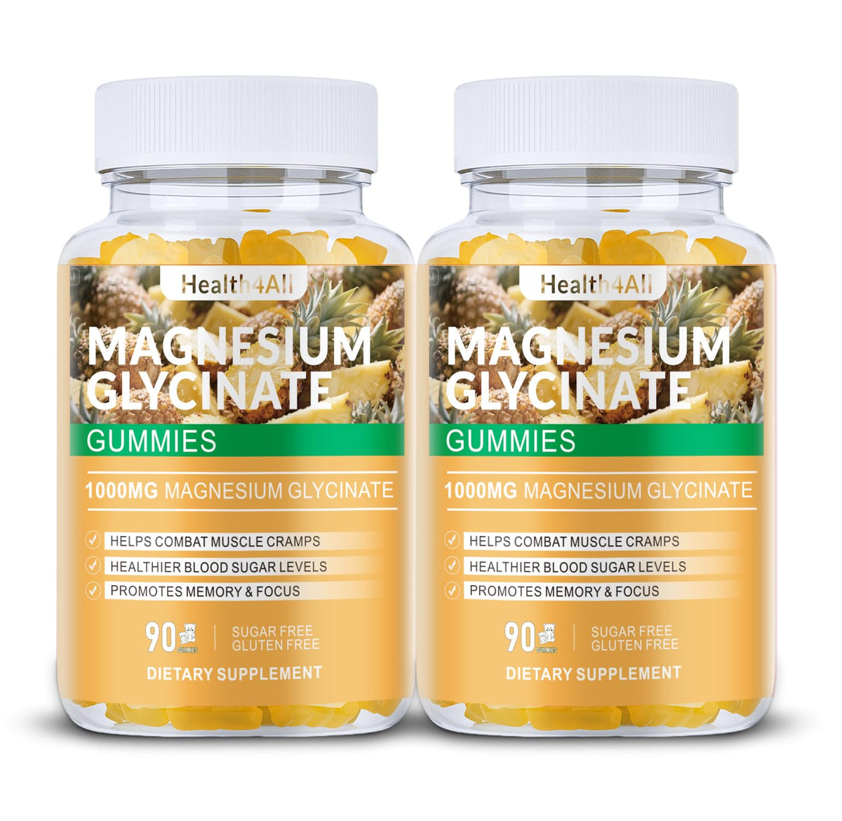 Health4All magnesium glycinate gummies bottle close-up highlighting pineapple flavor
