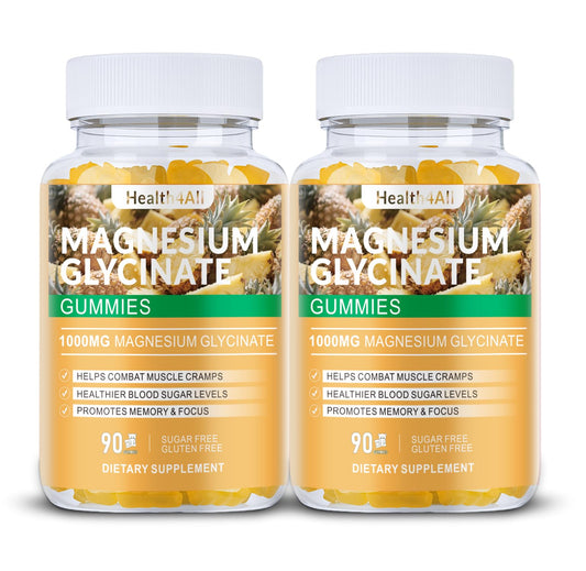Health4All magnesium glycinate gummies bottle close-up highlighting pineapple flavor