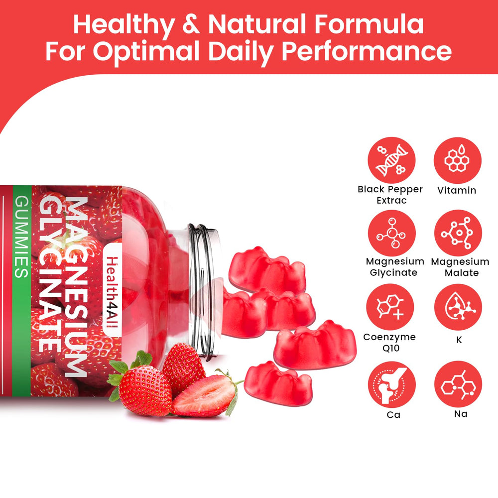 Closeup of Health4All magnesium glycinate gummies with strawberry flavor and soft chew.