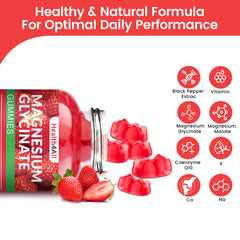 Closeup of Health4All magnesium glycinate gummies with strawberry flavor and soft chew.