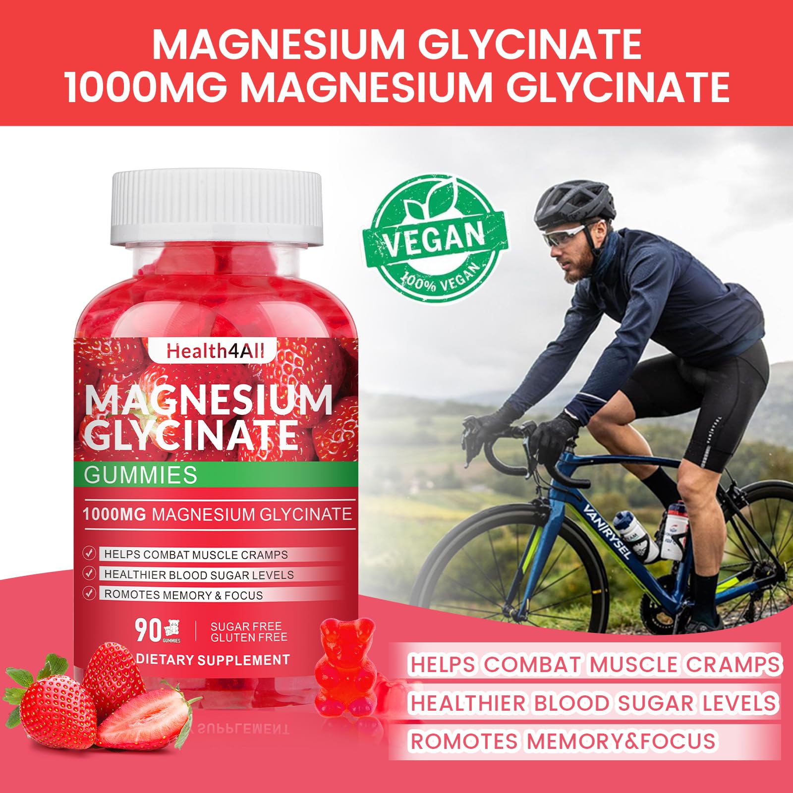 Health4All magnesium glycinate gummies shown beside a glass of water for daily use.