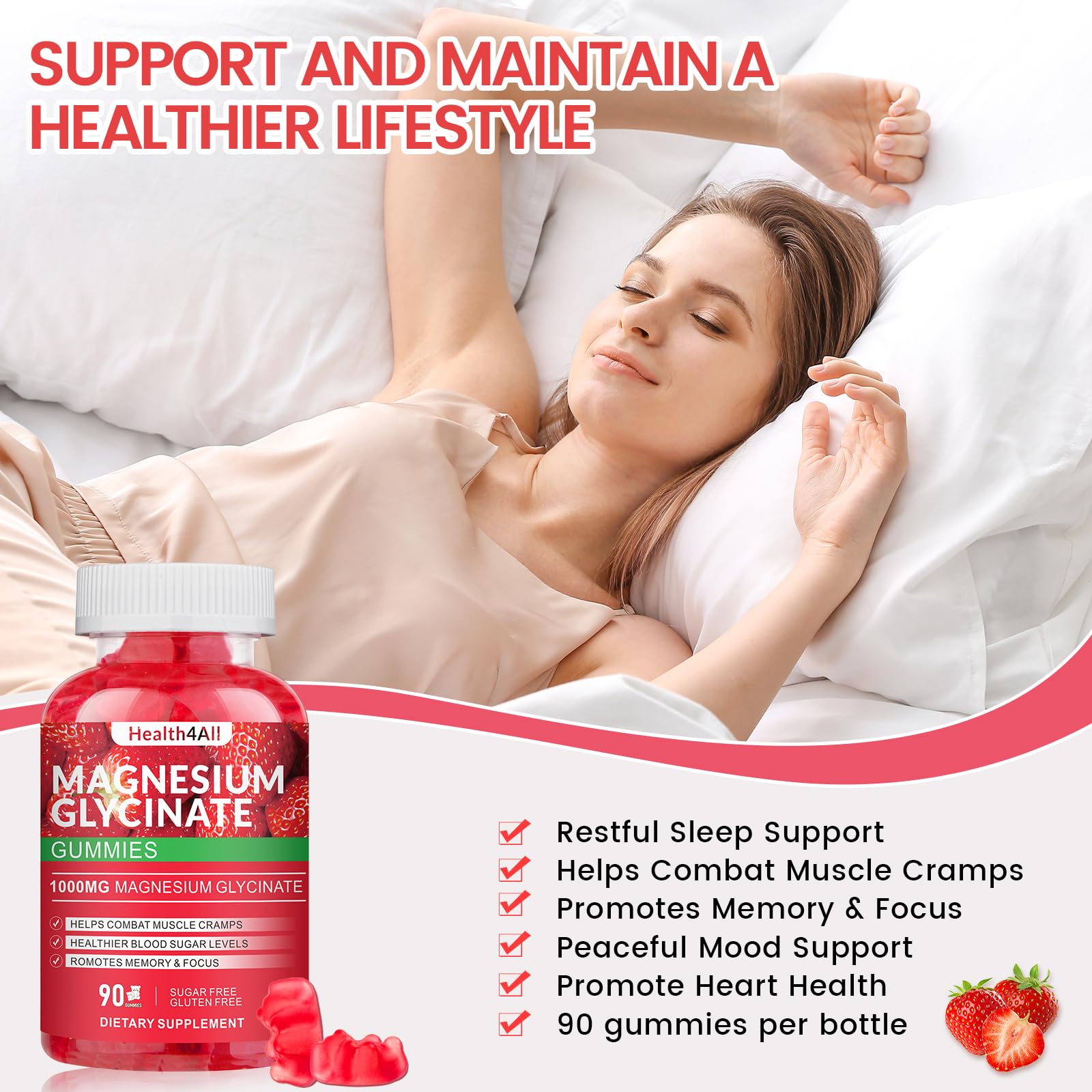 Health4All gummies with strawberry flavor on a kitchen counter.