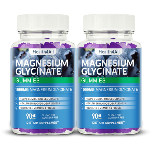 Health4All Magnesium Gummies 1000mg blueberry bottle showing high-absorption formula for daily relaxation.