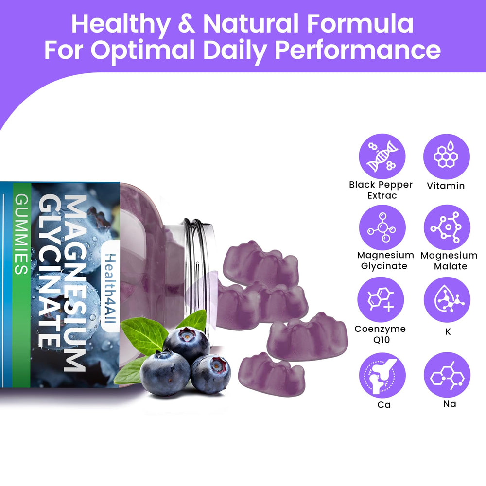 Health4All Magnesium Gummies nutrition panel highlighting vitamins D and B6 and potassium.