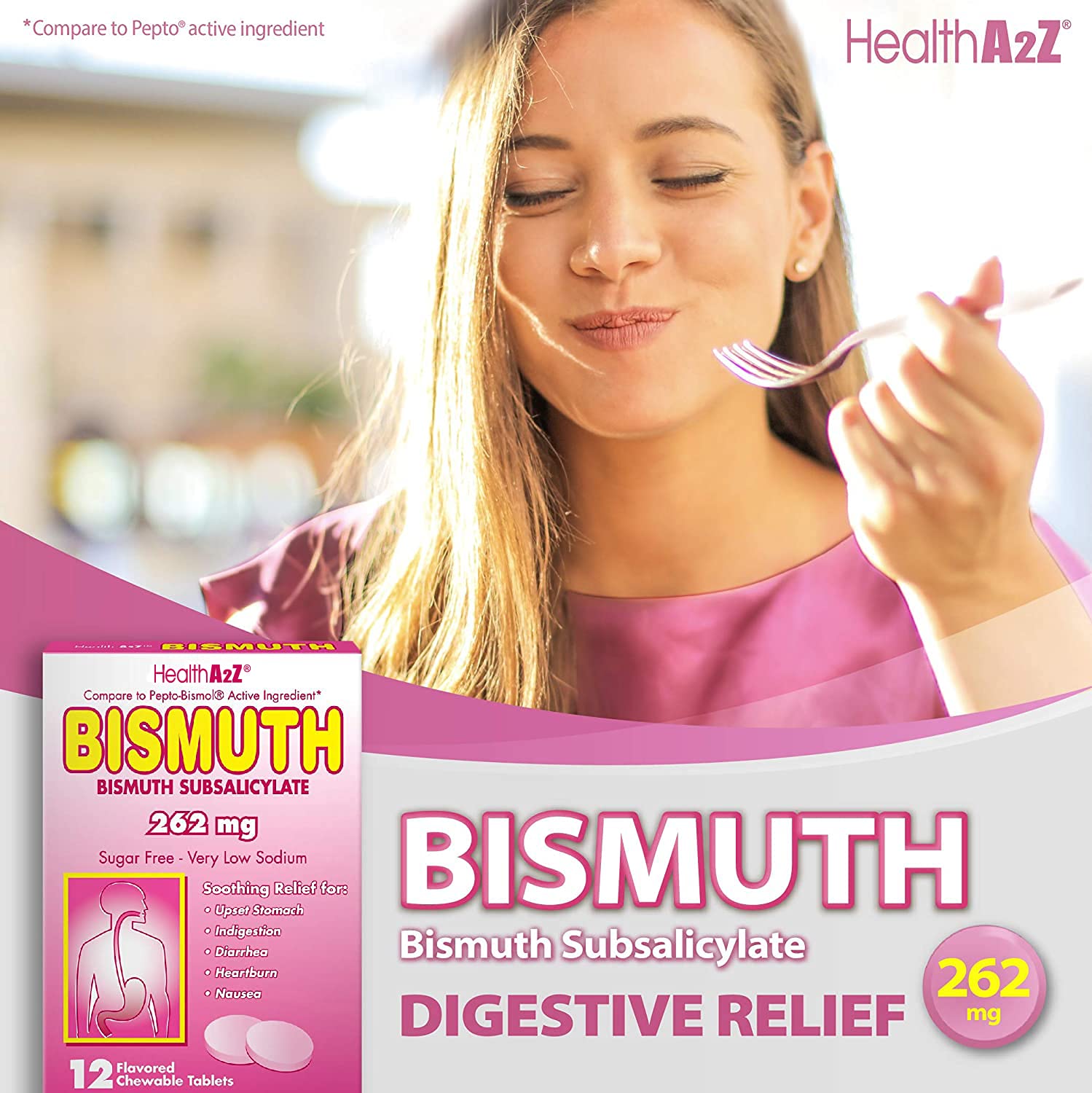 HealthA2Z Bismuth Subsalicylate foil-wrap individual packets preserving freshness.