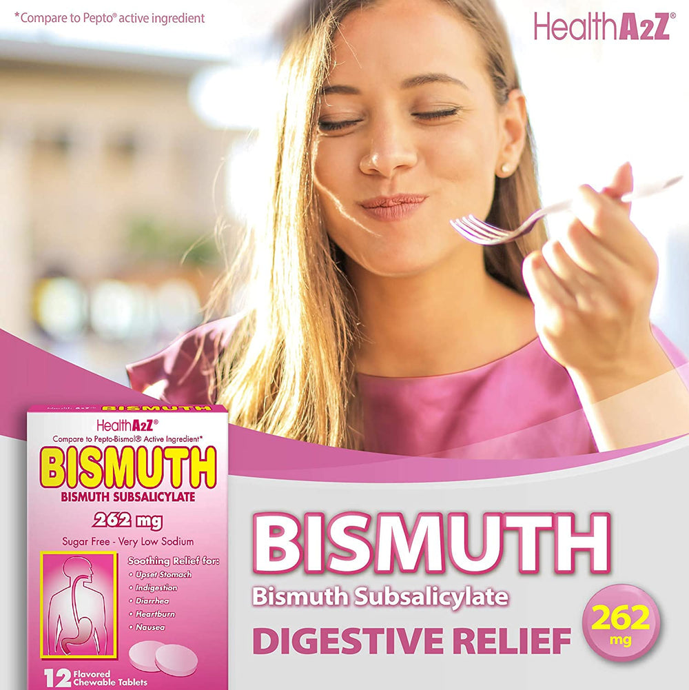 HealthA2Z Bismuth Subsalicylate foil-wrap individual packets preserving freshness.