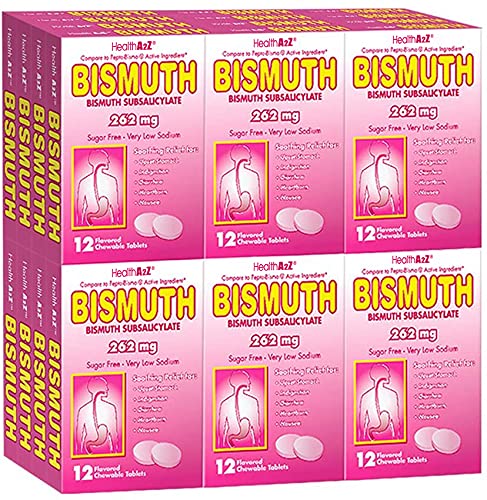 HealthA2Z Bismuth Subsalicylate tablets packfront for on-the-go relief.