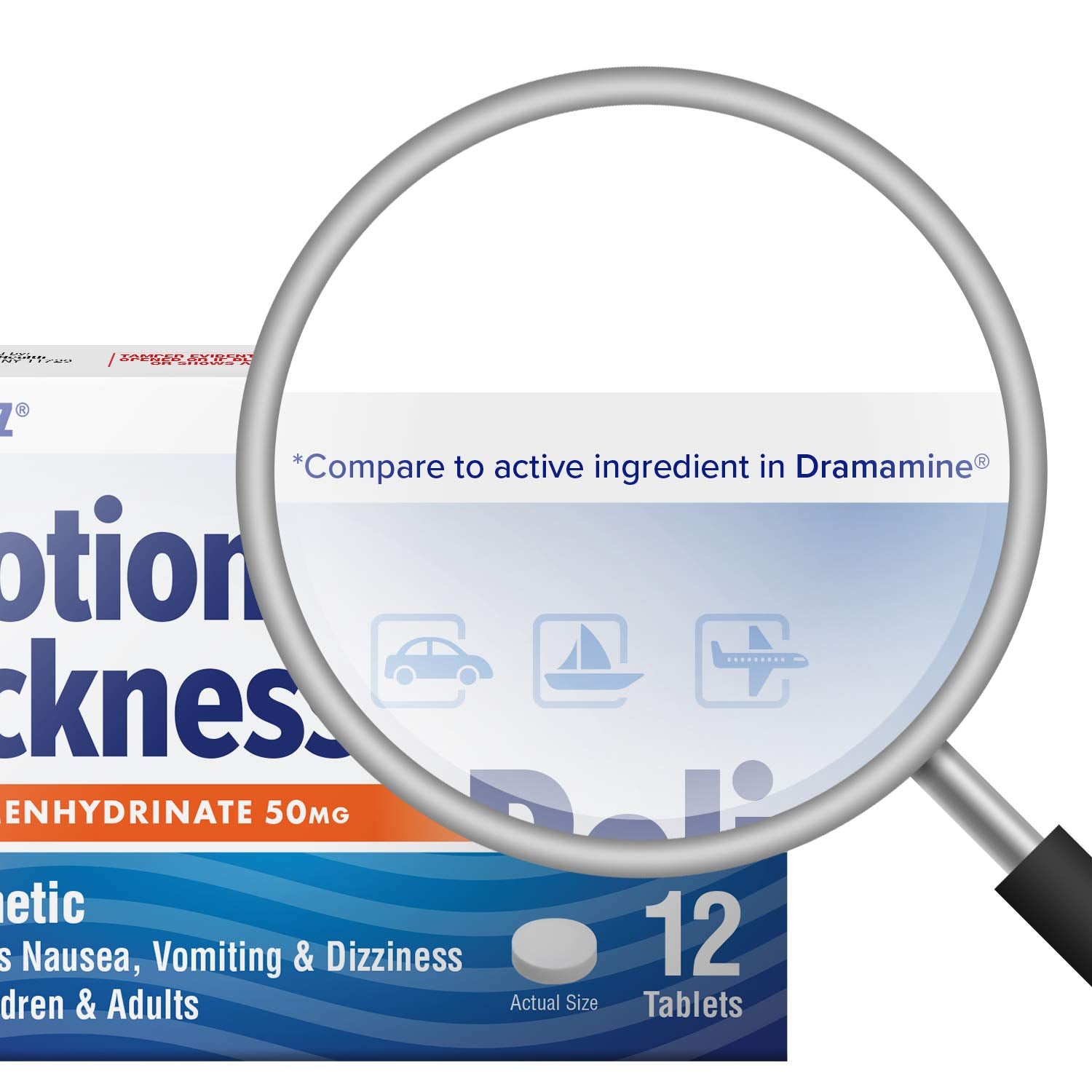 HealthA2Z Dimenhydrinate 50mg tablets close-up emphasizes fast-acting antiemetic action.