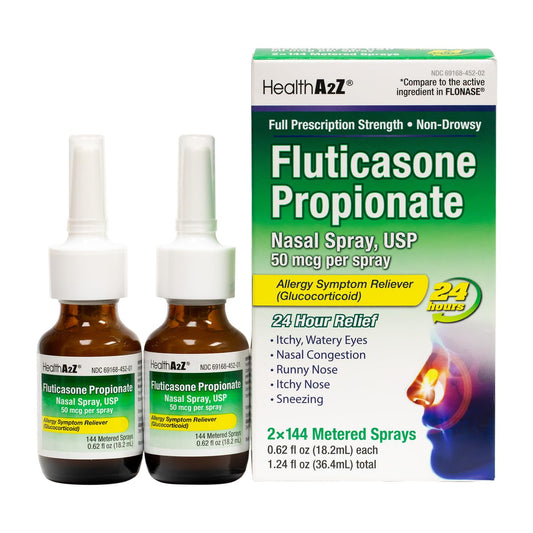 HealthA2Z Fluticasone bottle pour demonstrates precise dosing for steady daily allergy relief