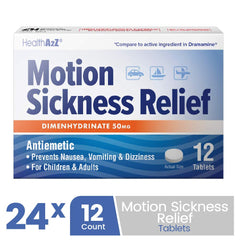 HealthA2Z Motion Sickness Relief packaging demonstrates travel-ready packaging for on-the-go prevention.
