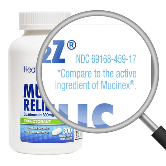 HealthA2Z Mucus Relief bottle label highlights guaifenesin 600 mg per dose