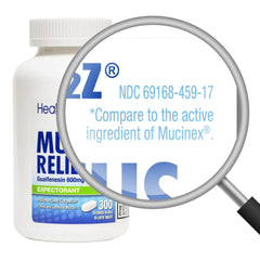 HealthA2Z Mucus Relief bottle label highlights guaifenesin 600 mg per dose