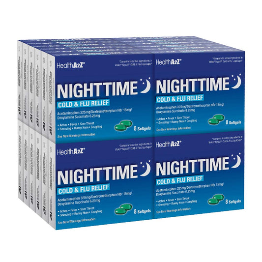 HealthA2Z Nighttime bottle front for multi-symptom night relief.
