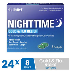 HealthA2Z Nighttime bottle label shows dosage and guidance.