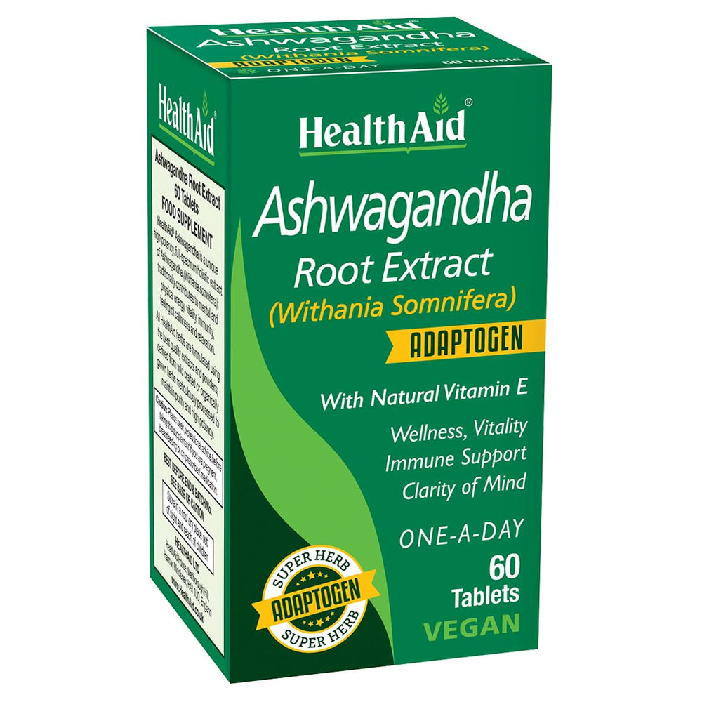 HealthAid Ashwagandha 350 mg tablet, front view, for daily stress support and clear focus.