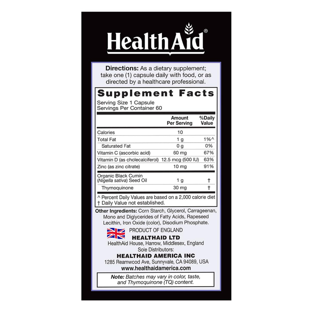 HealthAid Black Seed Oil 60-count capsules highlights convenient vegan capsules for balanced daily support