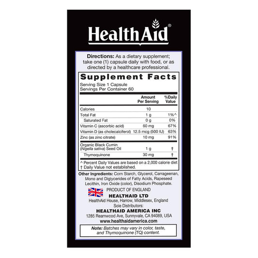 HealthAid Black Seed Oil 60-count capsules highlights convenient vegan capsules for balanced daily support