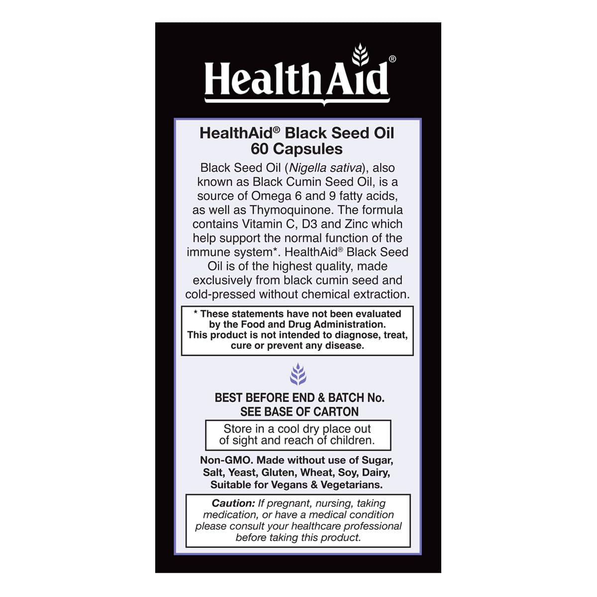 HealthAid Black Seed Oil ingredients label shows Vitamin C, D and Zinc for immune-friendly nutrition
