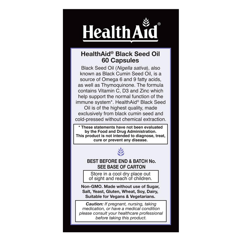 HealthAid Black Seed Oil ingredients label shows Vitamin C, D and Zinc for immune-friendly nutrition
