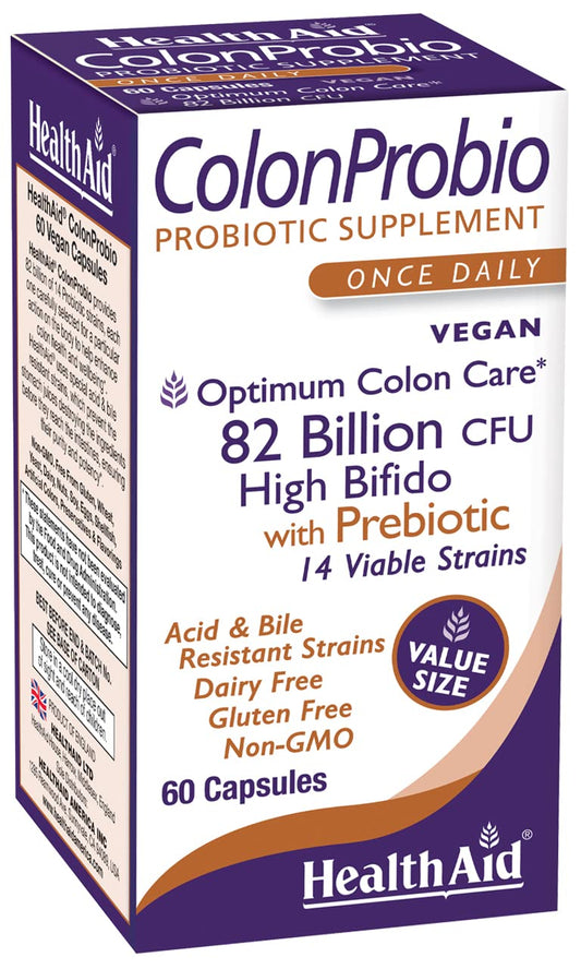 HealthAid ColonProbio bottle front showing 82B CFU probiotic blend for gut support