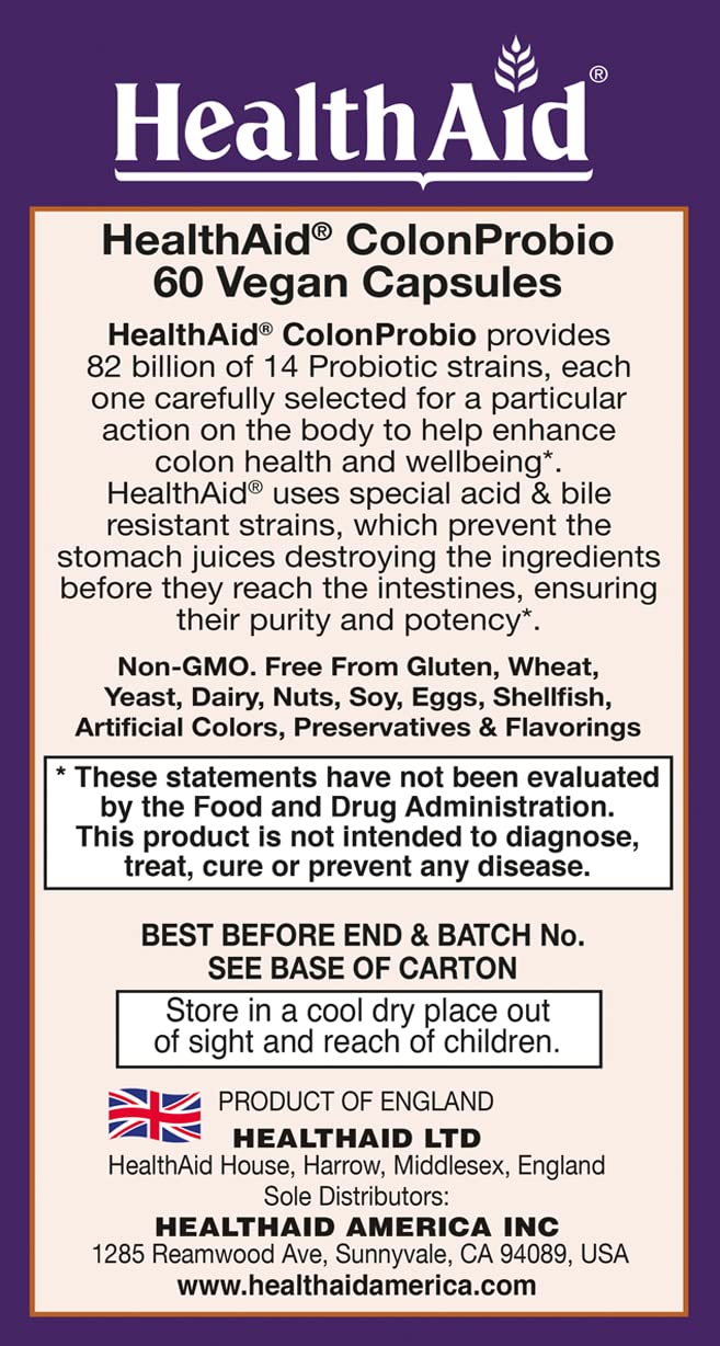 HealthAid ColonProbio label detail emphasizes 14 strains and prebiotic blend