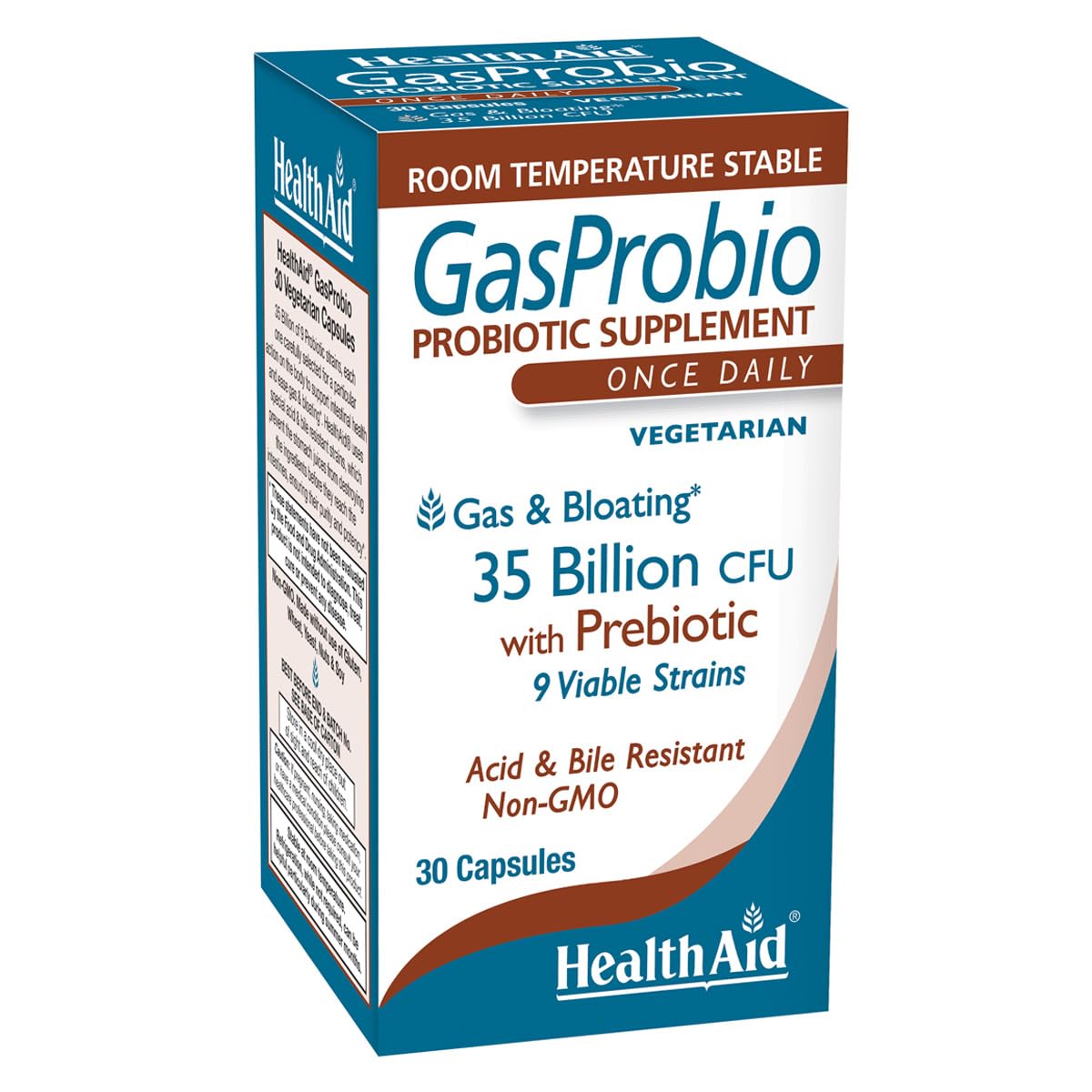HealthAid GasProbio bottle front view showing 30 vegetarian capsules for digestive balance.