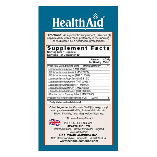 HealthAid GasProbio capsules close-up highlighting acid and bile resistance for gut delivery.