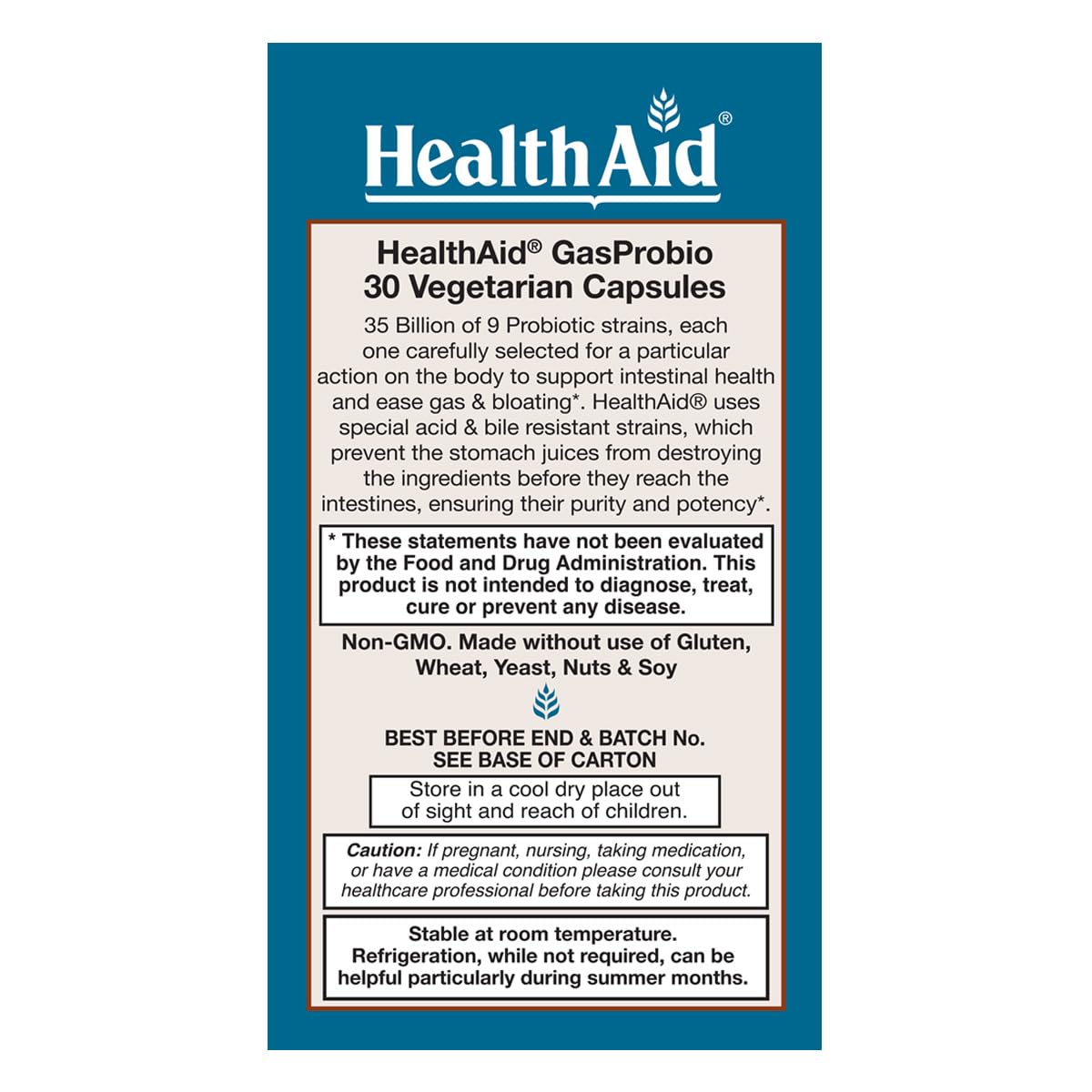 HealthAid GasProbio packaging shot emphasizes non-GMO, shelf-stable probiotic.