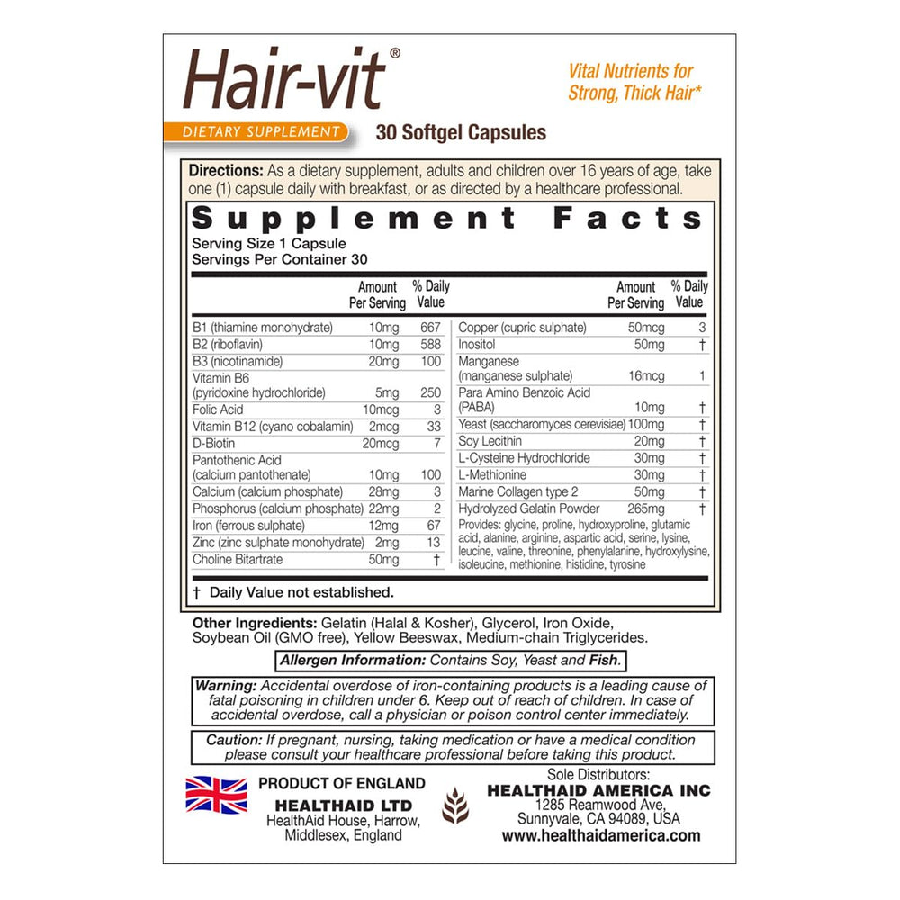 Close-up of HealthAid Hair-VIT capsules for hair nourishment