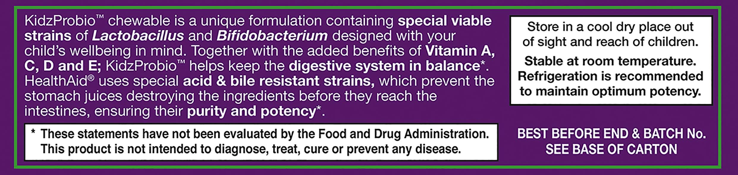 HealthAid KidzProbio blackcurrant flavor chewables highlighting tasty daily probiotic.
