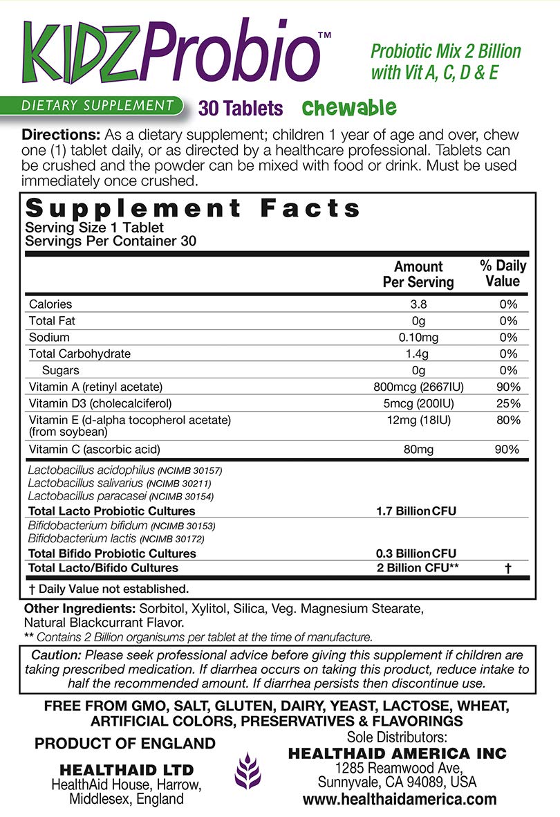 HealthAid KidzProbio chewable tablets displayed for easy daily use.