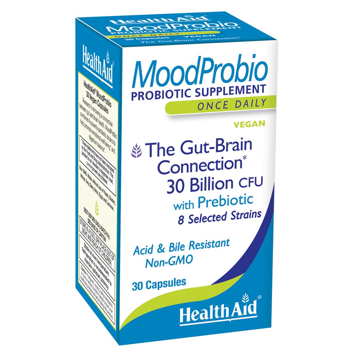 HealthAid MoodProbio bottle label highlighting 30B CFU and 8 strains for daily wellness