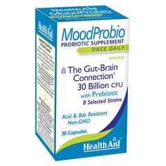 HealthAid MoodProbio bottle label highlighting 30B CFU and 8 strains for daily wellness