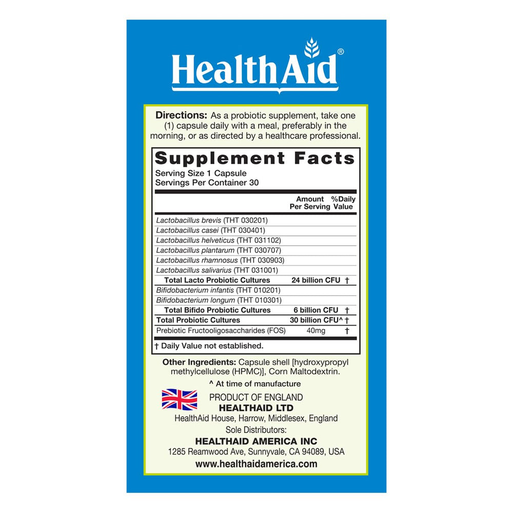 HealthAid MoodProbio ingredients list shows vegan, dairy-free probiotic formula