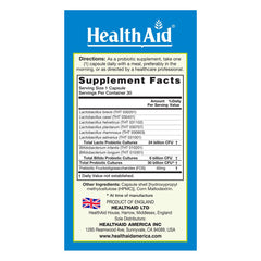 HealthAid MoodProbio ingredients list shows vegan, dairy-free probiotic formula