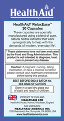 HealthAid RelaxEase bottle beside a glass, supports evening relaxation and a peaceful mood