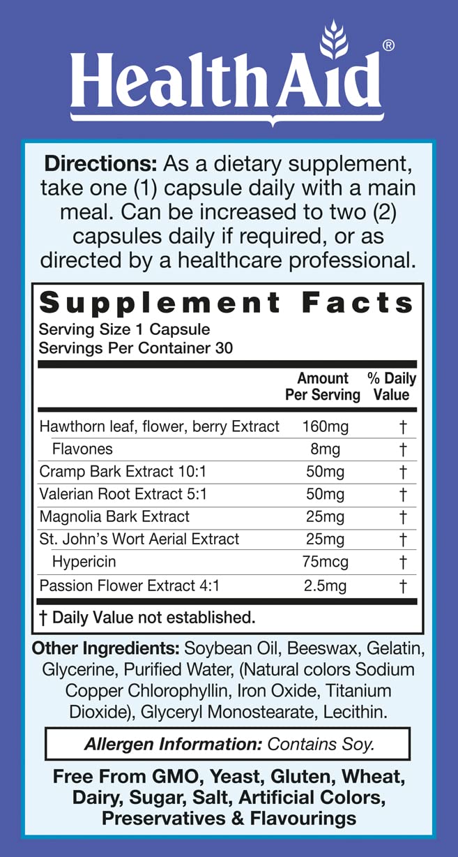 HealthAid RelaxEase ingredients hawthorn magnolia and stjohnswort highlighted on label