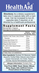 HealthAid RelaxEase ingredients hawthorn magnolia and stjohnswort highlighted on label