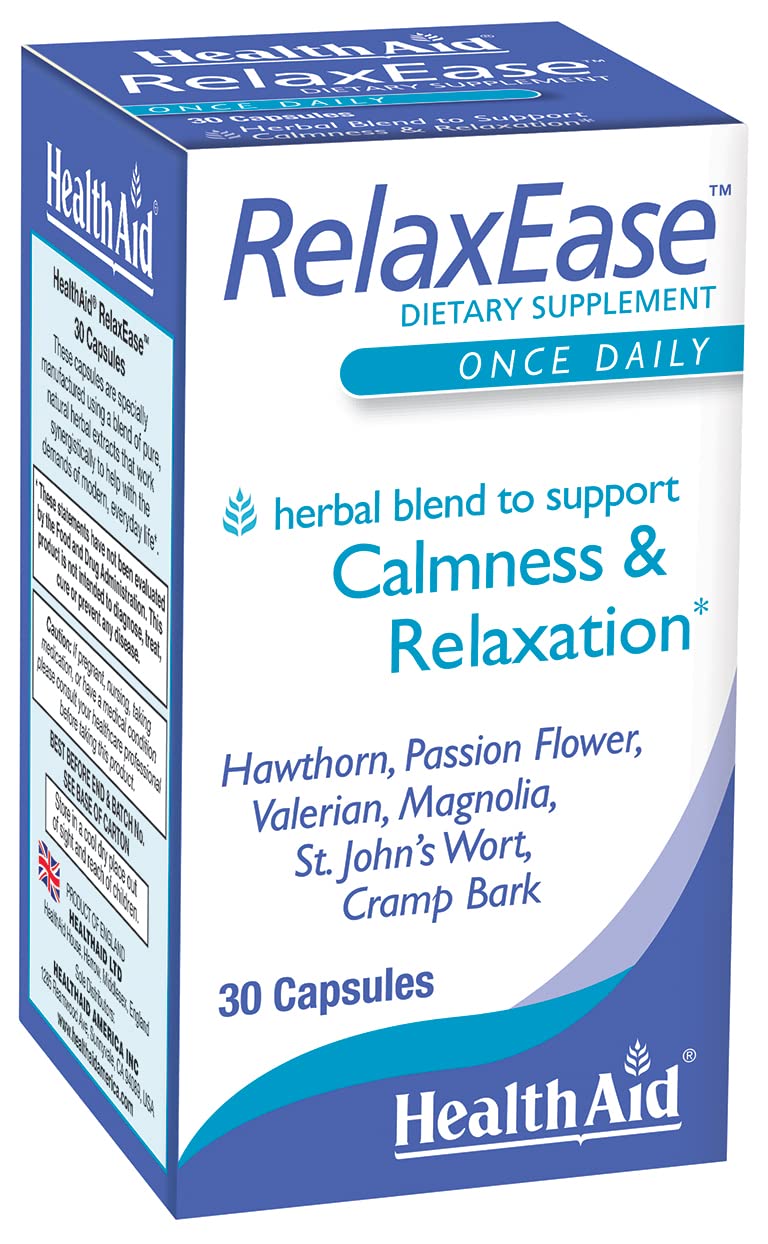 HealthAid RelaxEase softgel capsules on bottle, promotes calm evenings for better rest
