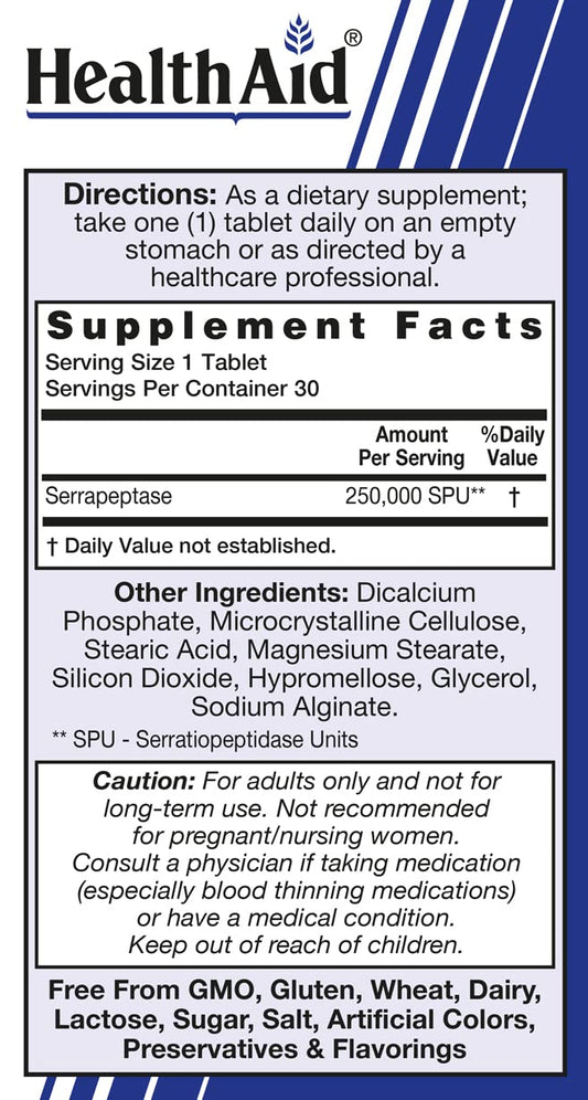 HealthAid Serrapeptase enteric-coated tablet designed for intestinal release.